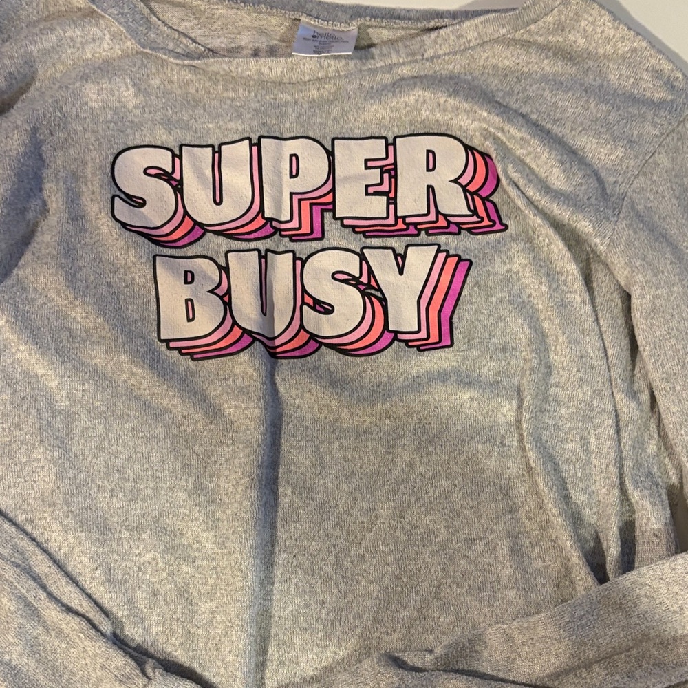Gray 'Super Busy' off the shoulder Graphic Sweatshirt